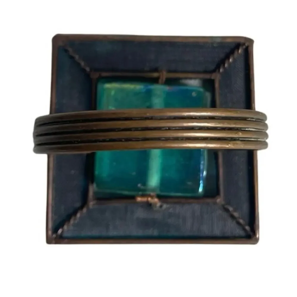Pier 1 Set of 4 Turquoise Blue Dichroic Glass Copper Napkin Rings